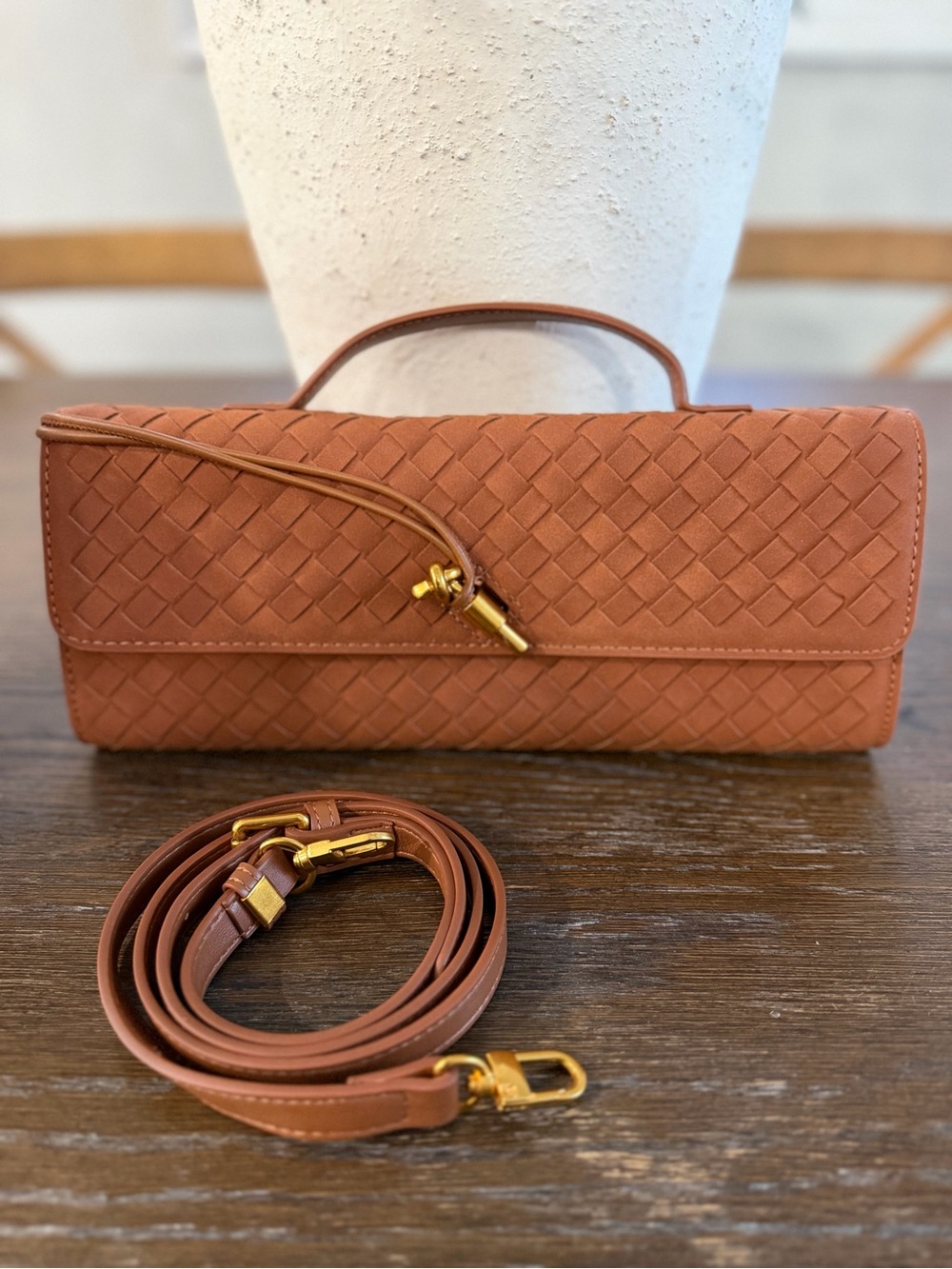 Cognac Woven Suede Leather Top-Handle Bag